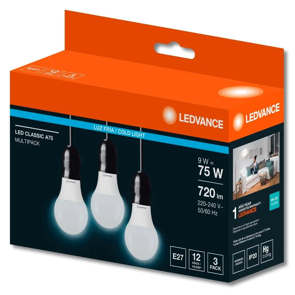 LAMPARA LEDVANCE CLASSIC 9W FRIA X3